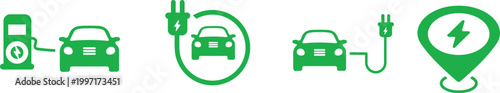Green electric cable charging icon set. EV station, plug, socket, hybrid car, green electric car with plug symbol on white background. power, plug, renewable, electricity vector