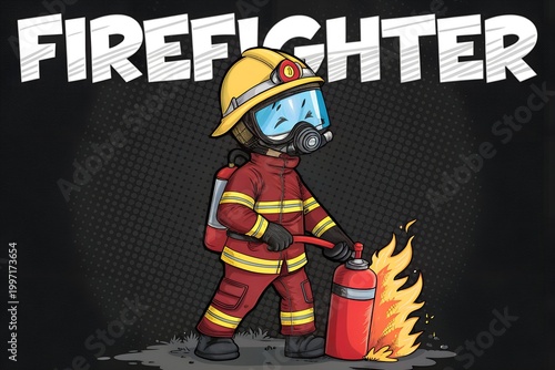 A cartoon firefighter in a red uniform and yellow helmet holding a fire extinguisher