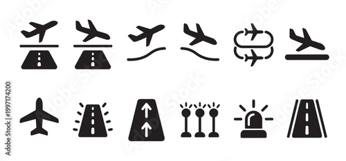 A collection of black and white vector icons depicting airplanes, runways, and airport traffic control elements, perfect for aviation and travel graphics.