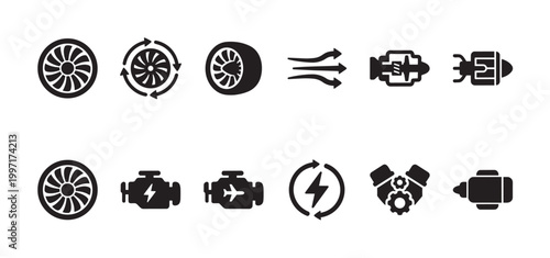 A collection of black vector icons representing different types of engines, fans, and related mechanical components against a clean white background.