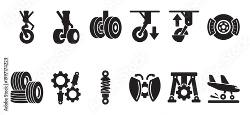 A collection of black vector icons depicting various aircraft landing gear components and mechanical parts, useful for aviation and engineering concepts.