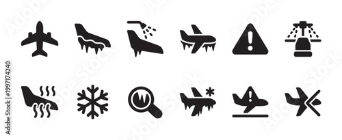A collection of black glyph icons representing various aspects of air travel safety and weather conditions, including de-icing, heat, warnings, and inspections.