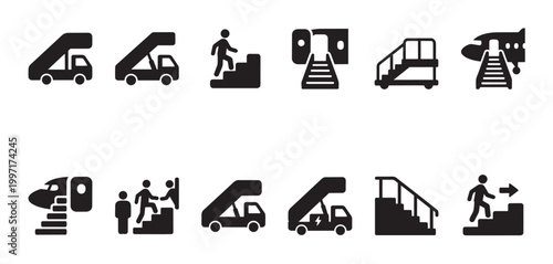 A collection of black and white vector icons depicting various airport staircases, passenger boarding, and transportation elements for aviation concepts.