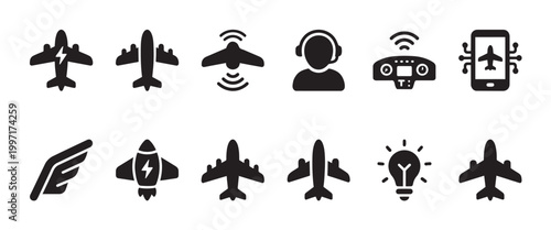 A collection of modern black aviation and technology icons, including airplanes, drones, remote controls, and a lightbulb, suitable for digital and print media.