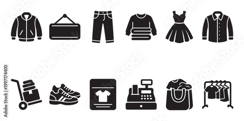 A collection of black silhouette icons representing various aspects of fashion retail and shopping, including clothing, accessories, and store elements.