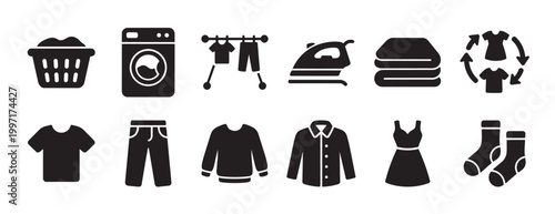 Collection of black laundry and clothing care icons including basket, washing machine, drying rack, iron, folded clothes, and garment types.