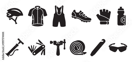 A collection of black silhouette icons representing essential cycling equipment, including clothing, tools, and accessories for active use.