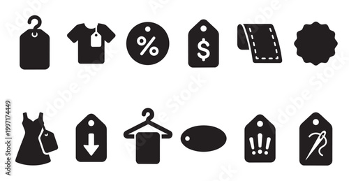 Collection of black retail and shopping sale icons, including price tags, discount symbols, and clothing items, on a white background.