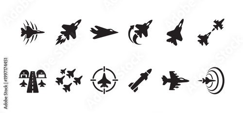 A collection of black silhouette icons representing fighter jets in various actions like flying, combat, and on the runway, ideal for aviation or military themes.