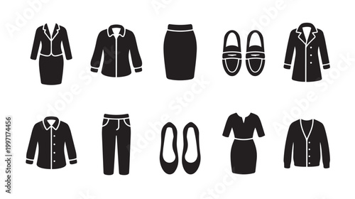 A collection of black icons representing professional attire for women, including suits, dresses, skirts, pants, shirts, coats, and shoes, ideal for fashion and corporate design.