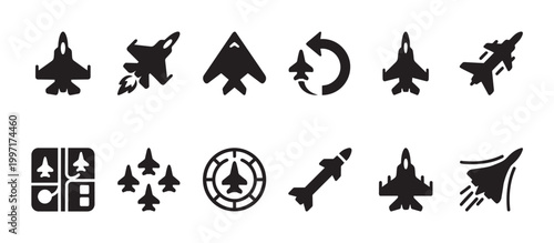 A collection of black silhouette icons representing various military jet fighters and missiles, suitable for aviation or defense related concepts.