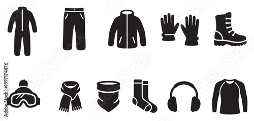 Collection of black silhouette icons representing various winter apparel, including a jumpsuit, pants, jacket, gloves, boots, goggles, scarf, bandana, socks, and headphones.