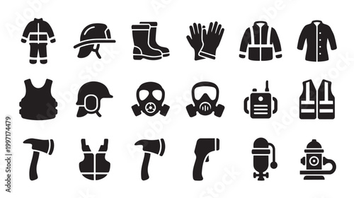 A collection of black silhouette icons representing essential firefighter equipment and safety gear, perfect for illustrating emergency services and protection.
