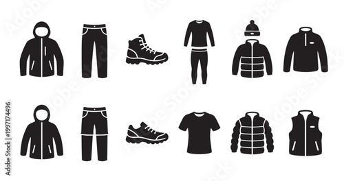 A collection of simple black icons representing outdoor winter clothing and footwear, including jackets, pants, boots, and shirts on a white background.