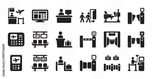 A collection of black and white icons representing various airport services and processes, including check-in, security, and boarding.