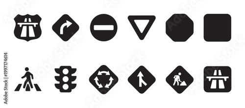 A clean, minimalist collection of black and white traffic road sign icons, perfect for illustrating transportation, safety, and urban planning concepts.