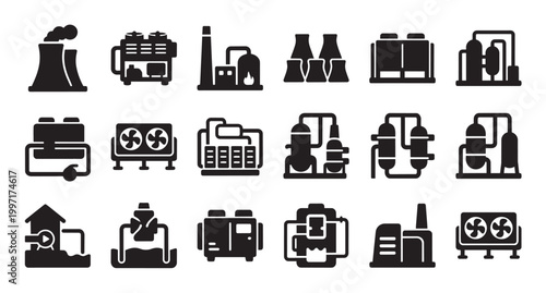 A collection of black silhouette icons representing various industrial and factory elements, including cooling towers, generators, tanks, and pipes.