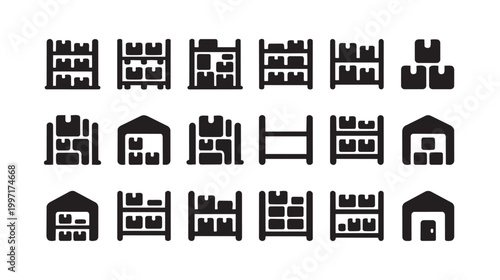 A collection of black warehouse and storage icons, including shelves with boxes and simple building outlines, on a white background.