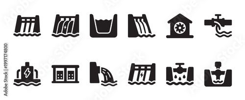 Collection of black and white vector icons representing various aspects of hydroelectric power generation, including dams, turbines, and water flow.