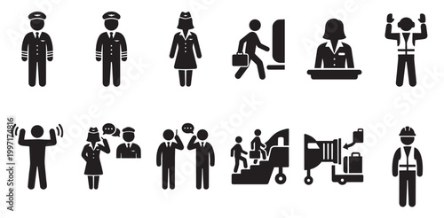 A collection of black and white vector icons depicting various airline and airport personnel and activities, suitable for travel and aviation themes.