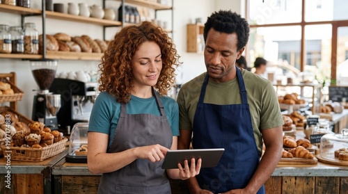 Smiling bakery staff reviewing a tablet in a bread shop. Diverse white woman and african american man managing bakery inventory and daily orders in a busy artisan cafe