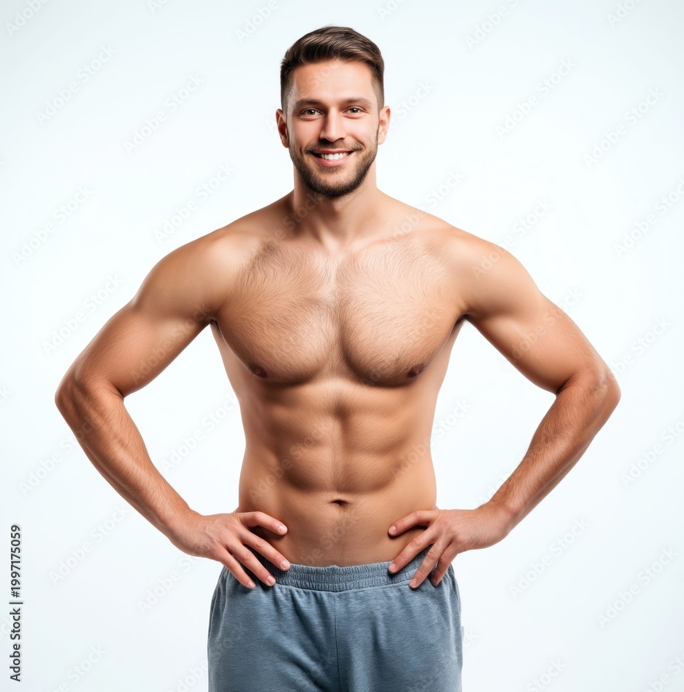 Obraz premium Muscular man with defined abs and chest posing confidently with hands on hips
