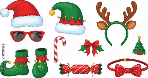 Christmas Holiday Accessories Illustration Set Featuring Santa Hats, Reindeer Antlers, Candy Cane, and Festive Decorations for Christmas Party and Event Design