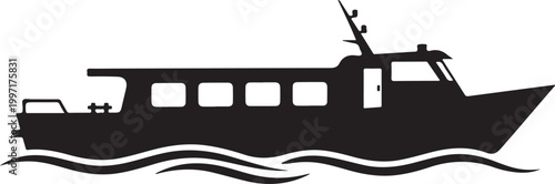 Black boat silhouette, vector ship icon, nautical symbol, watercraft graphic