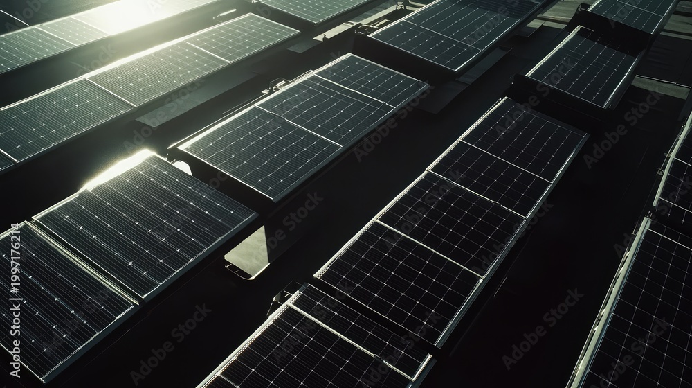 Fototapeta premium Solar panels capturing sun energy on a rooftop