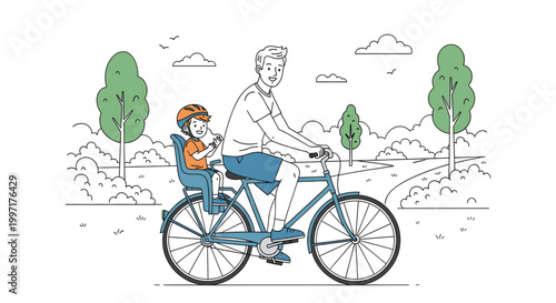 Happy father and son riding bicycles in park in flat cartoon illustration style