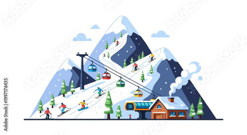 Winter ski resort mountain landscape in flat vector illustration style