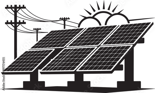 Solar panel farm generating clean energy with power lines and sun rising in background.