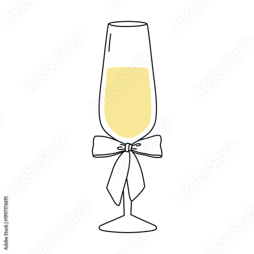 Hand drawn outline champagne glass with a bow. Celebration, party, holiday symbol. Editable stroke