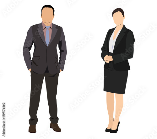 Business people, men and women in formal suits standing confident