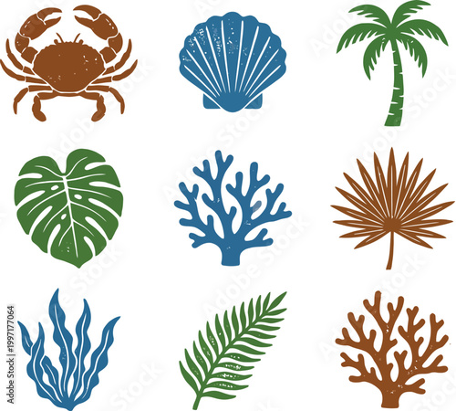 Tropical Coastal Icon Set with Crab, Coral, and Palm Leaves in Textured Vector Style.eps