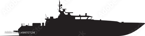 Black warship, naval vessel, military boat, silhouette icon