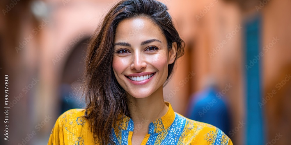 Fototapeta premium Beautiful woman with a radiant smile and warm eyes, wearing a vibrant yellow and blue patterned shirt