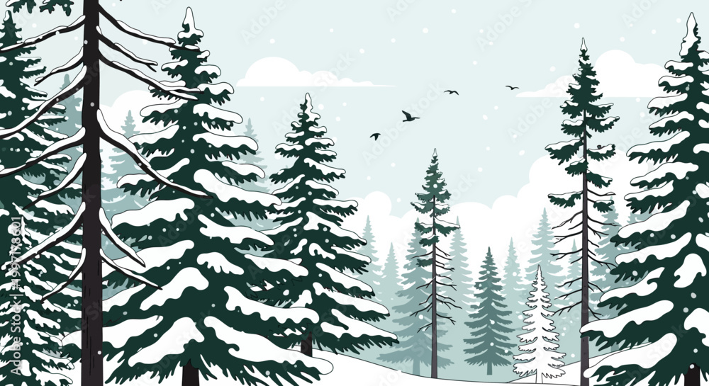 Obraz premium Minimalist Winter Forest Illustration with Snow Covered Pine Trees