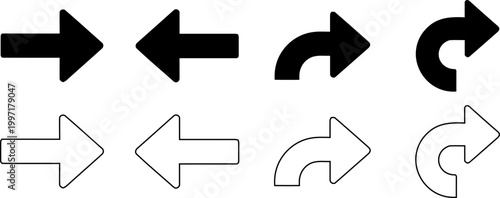 Universal black and white arrow icon set for web and user interface design. Includes navigation, direction, refresh, share, undo, and reply symbols isolated on a transparent background.