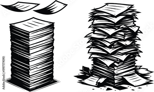 Stack of Papers Illustration, Organized vs Messy Document Pile, Office Paperwork Concept Art.