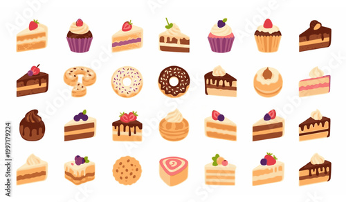 Cake and dessert vector set colorful bakery sweets cupcakes pastries flat illustration