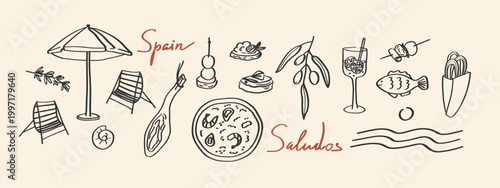 Spanish Cuisine sketch. Summer aesthetic doodle. Hand drawn traditional Spain symbols paella, jamon, olives, tapas, seafood, churros, sangria, beach umbrella. Travel to Mediterranean Country Icons
