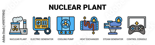 Nuclear Plant web banner icon vector illustration concept with icons of nuclear plant, electric generator, cooling pump, heat exchanger, steam generator, and control console. 