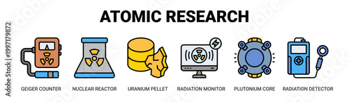 Atomic Research web banner icon vector illustration concept with icons of geiger counter, nuclear reactor, uranium pellet, radiation monitor, plutonium core, and radiation detector. 