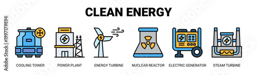 Clean Energy web banner icon vector illustration concept with icons of cooling tower, power plant, energy turbine, nuclear reactor, electric generator, and steam turbine. 
