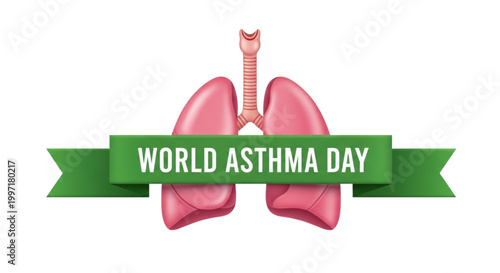 Human Lungs Illustration with Green Ribbon Banner for Respiratory Health Awareness and Medical Education Design