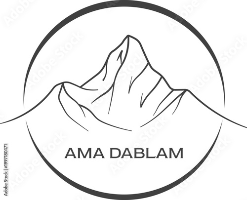 Ama Dablam monoline emblem vector, circular alpine mountain line art, elegant minimal badge