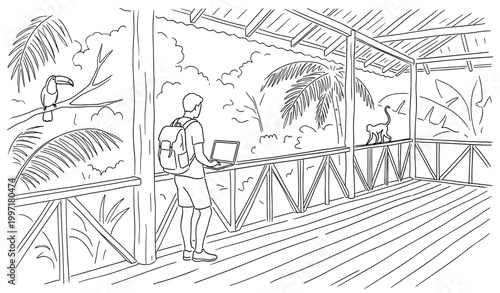 Digital nomad with laptop and backpack in tropical jungle sketch