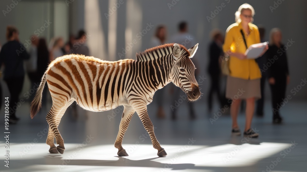 Obraz premium A zebra casually walks through a modern art gallery, creating a captivating composition of wildlife and contemporary art, merging nature with urban culture.