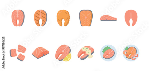 Collection of flat design illustrations showcasing salmon fish in various cuts and preparation styles, including steaks, fillets, diced, grilled, and served with lemon and shrimp.